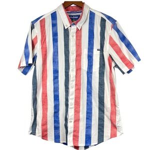 Chubbies Mens XL Short Sleeve Button Down Shirt Red White Blue July 4th Stretch